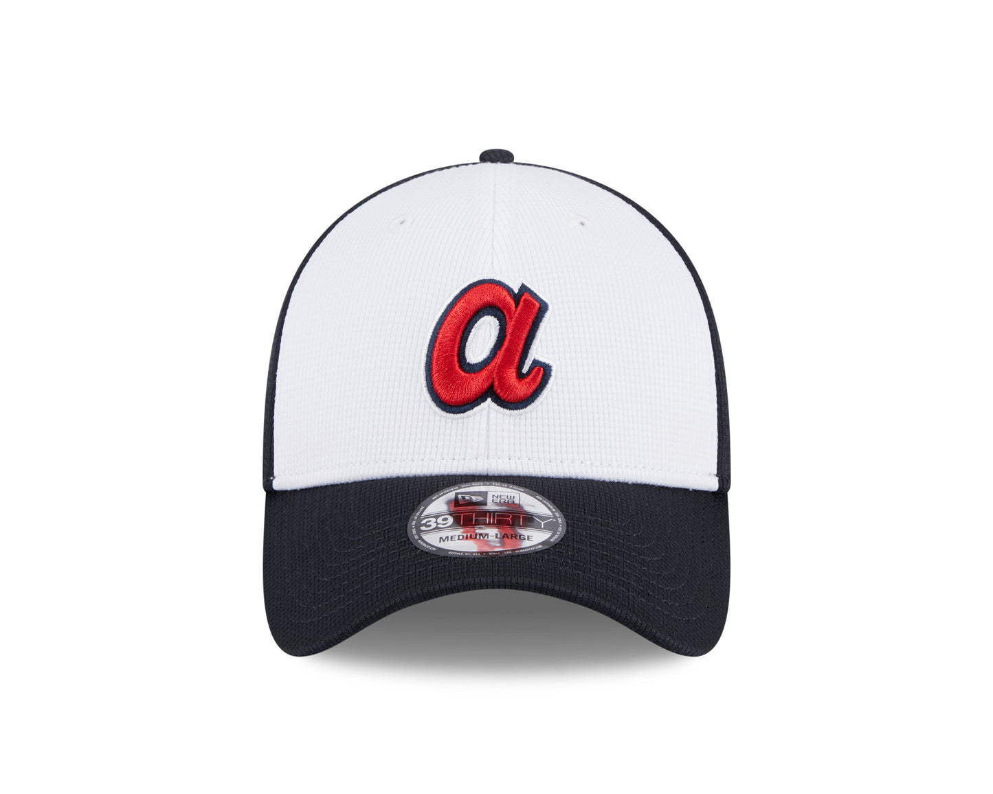 Mens New Era Atlanta Braves White Navy 2024 Batting Practice 39Thirty Flex Fit Cap Official Team Hat Sports Fan Cap Official MLB Team Hat Baseball Fan