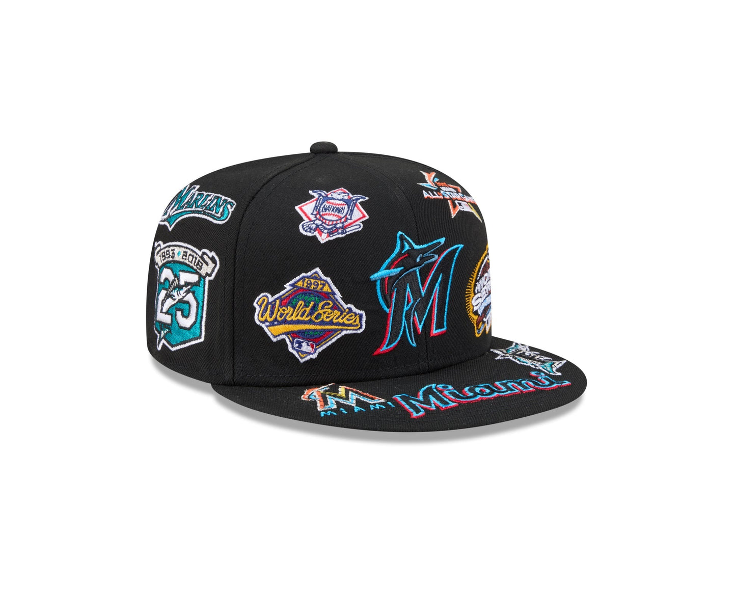 Miami Marlins MLB All Over Patch 59FIFTY New Era Official Team Hat Sports Fan Cap Official MLB Team Hat Baseball Fan Cap