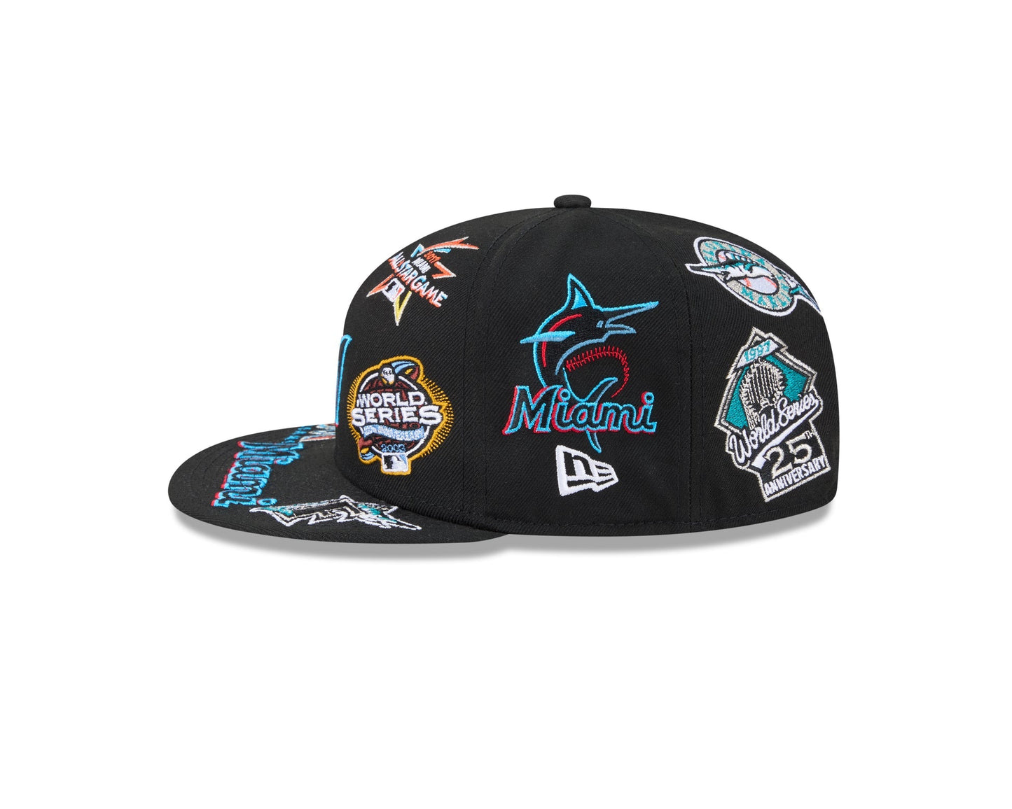 Miami Marlins MLB All Over Patch 59FIFTY New Era Official Team Hat Sports Fan Cap Official MLB Team Hat Baseball Fan Cap