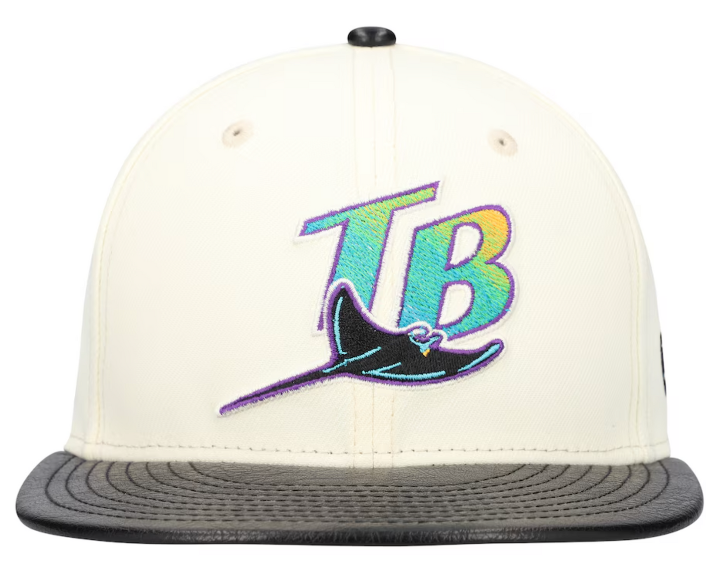 Tampa Bay Devil Rays Cooperstown Collection Cream Black Leather Visor New Era 59FIFTY Fitted Hat Official Team Hat Sports Fan Cap Official MLB Team Ha