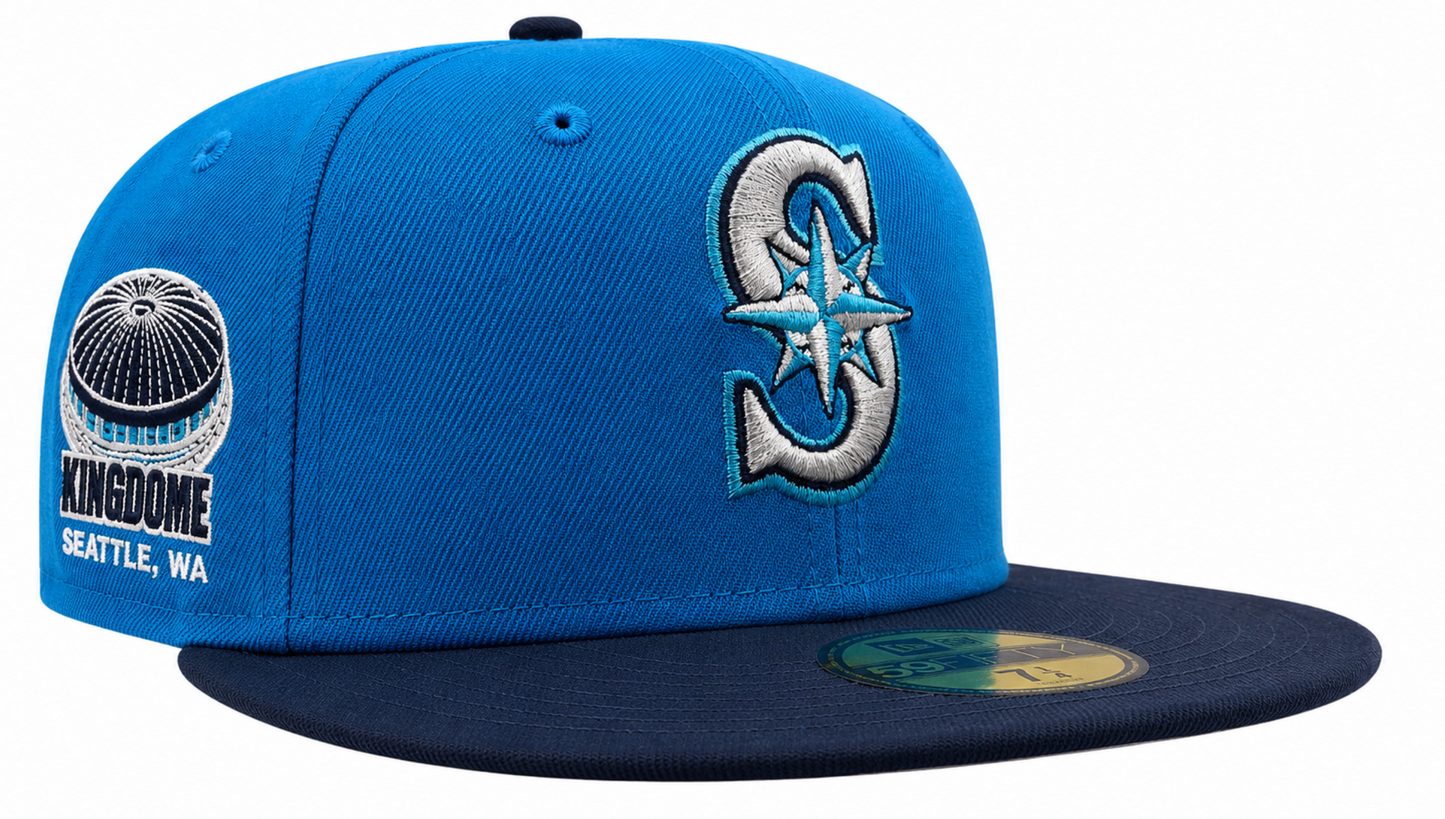 Seattle Mariners New Era 2 Tone Sunwash Ocean Blue Nirvana Nevermind Inspired 59FIFTY Fitted Hat Official Team Hat Sports Fan Cap Official MLB Team Ha